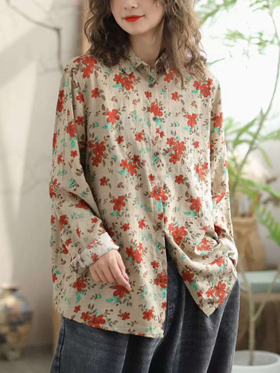 Women Vintage Floral Spring Cotton Loose Shirt