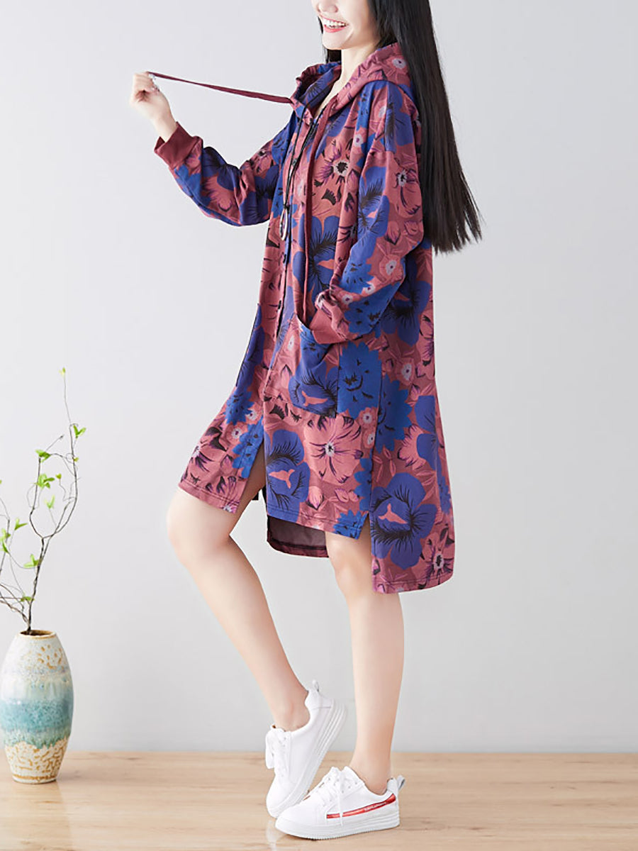 Women Casual Flower Spring Hooded Cotton Coat