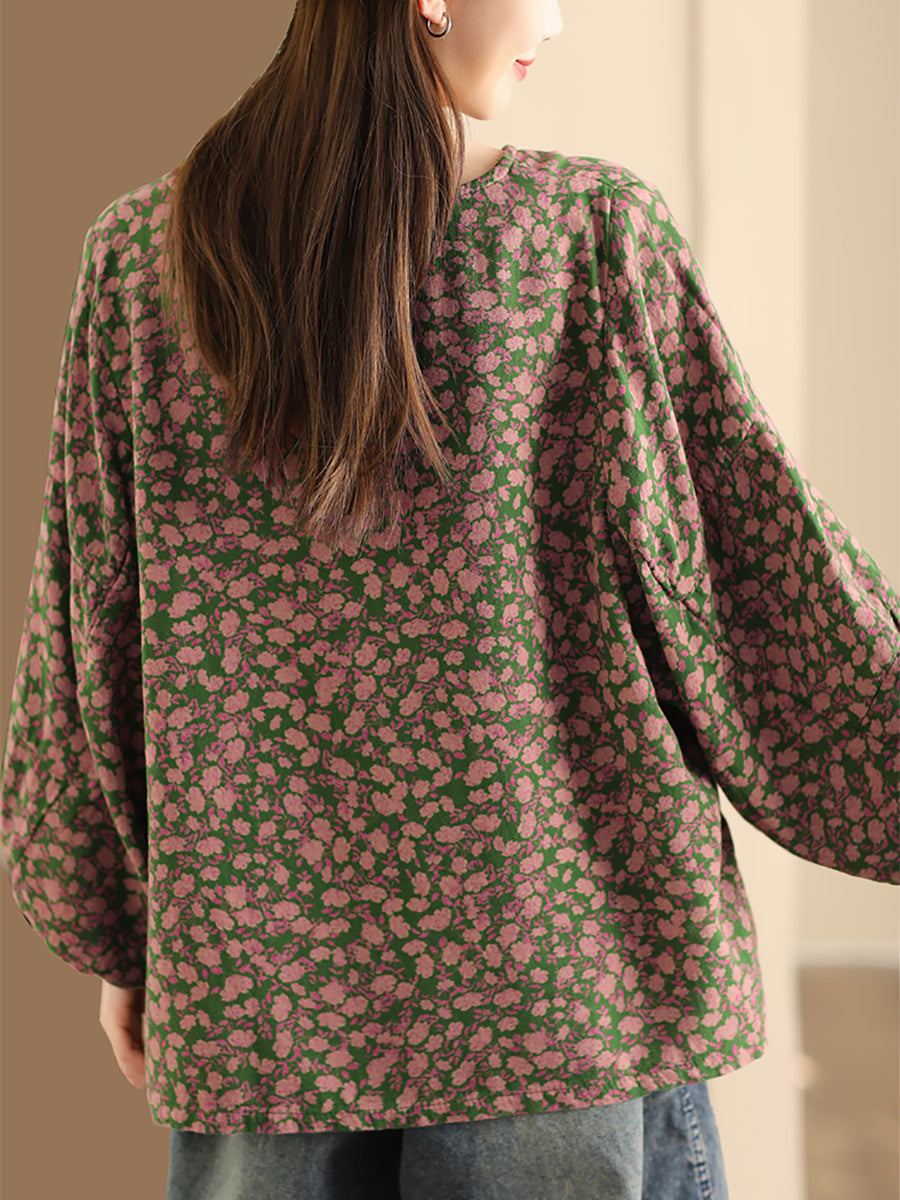 Women Vintage Floral Lantern Sleeve Cotton Shirt