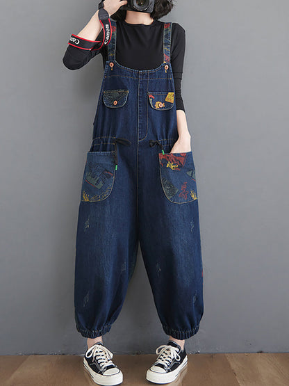 Women Casual Retro Print Pocket Loose Spliced Denim Jumpsuits