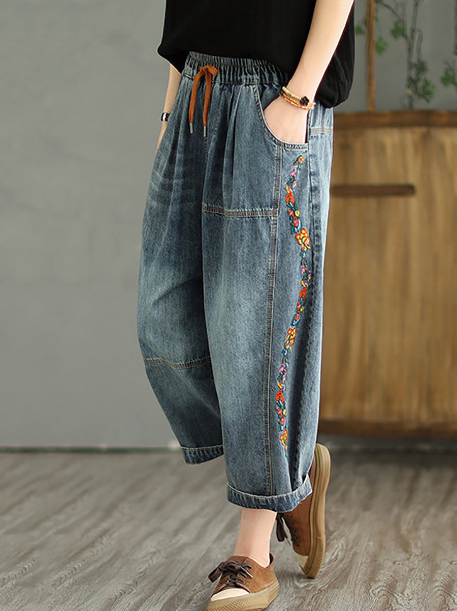 Women Retro Flower Embroidery Harem Jeans