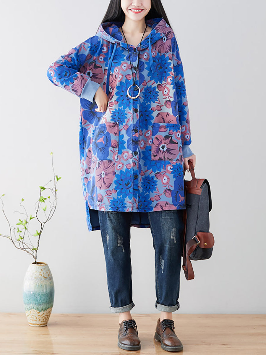 Women Casual Flower Spring Hooded Cotton Coat