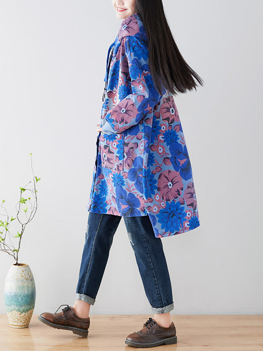 Women Casual Flower Spring Hooded Cotton Coat