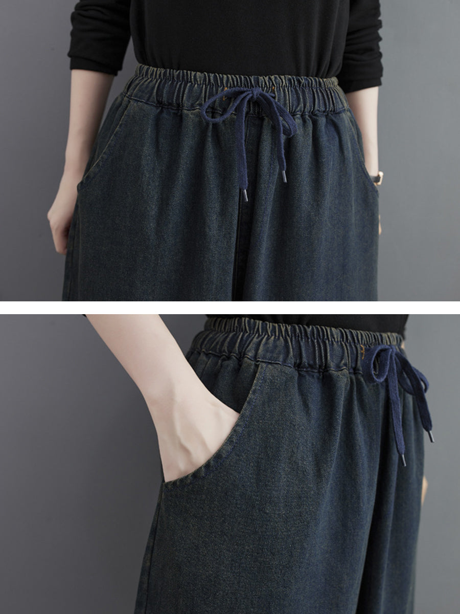 Women Winter Vintage Spliced Loose Denim Harem Pants