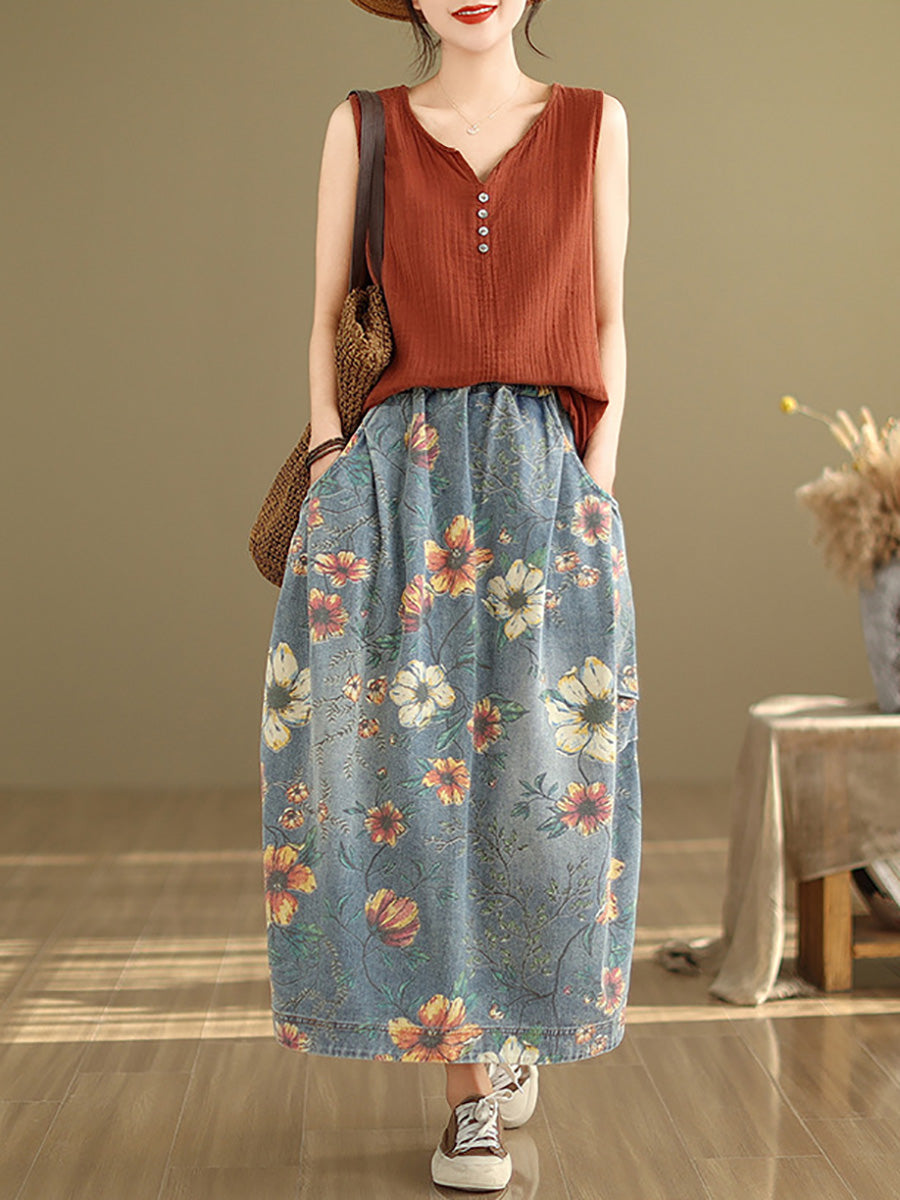 Women Artsy Flower Loose Summer Denim Skirt