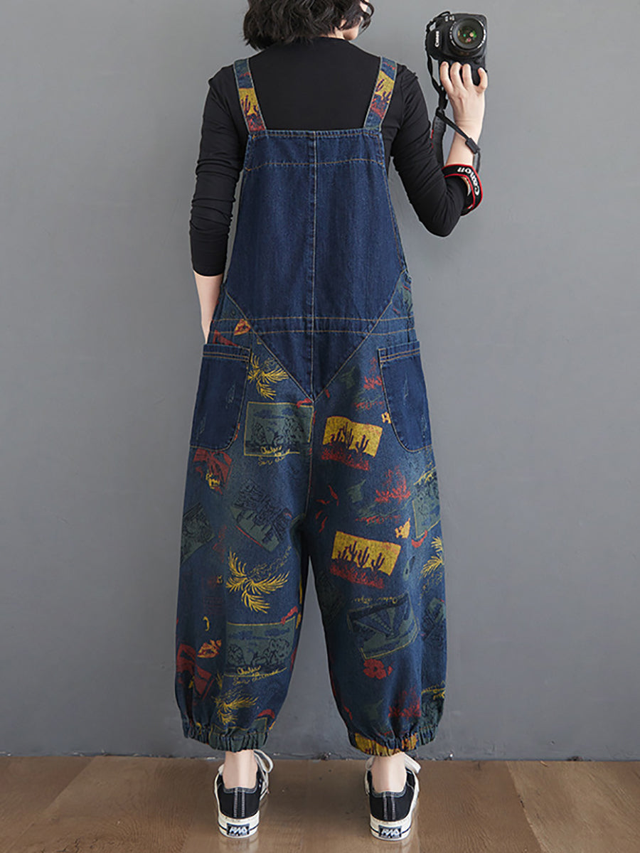 Women Casual Retro Print Pocket Loose Spliced Denim Jumpsuits