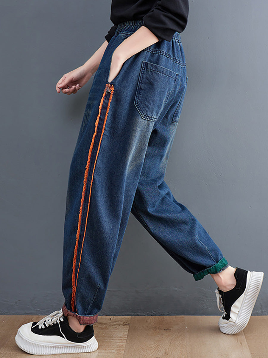 Women Casual Spring Colorblock Raw-edge Denim Pants