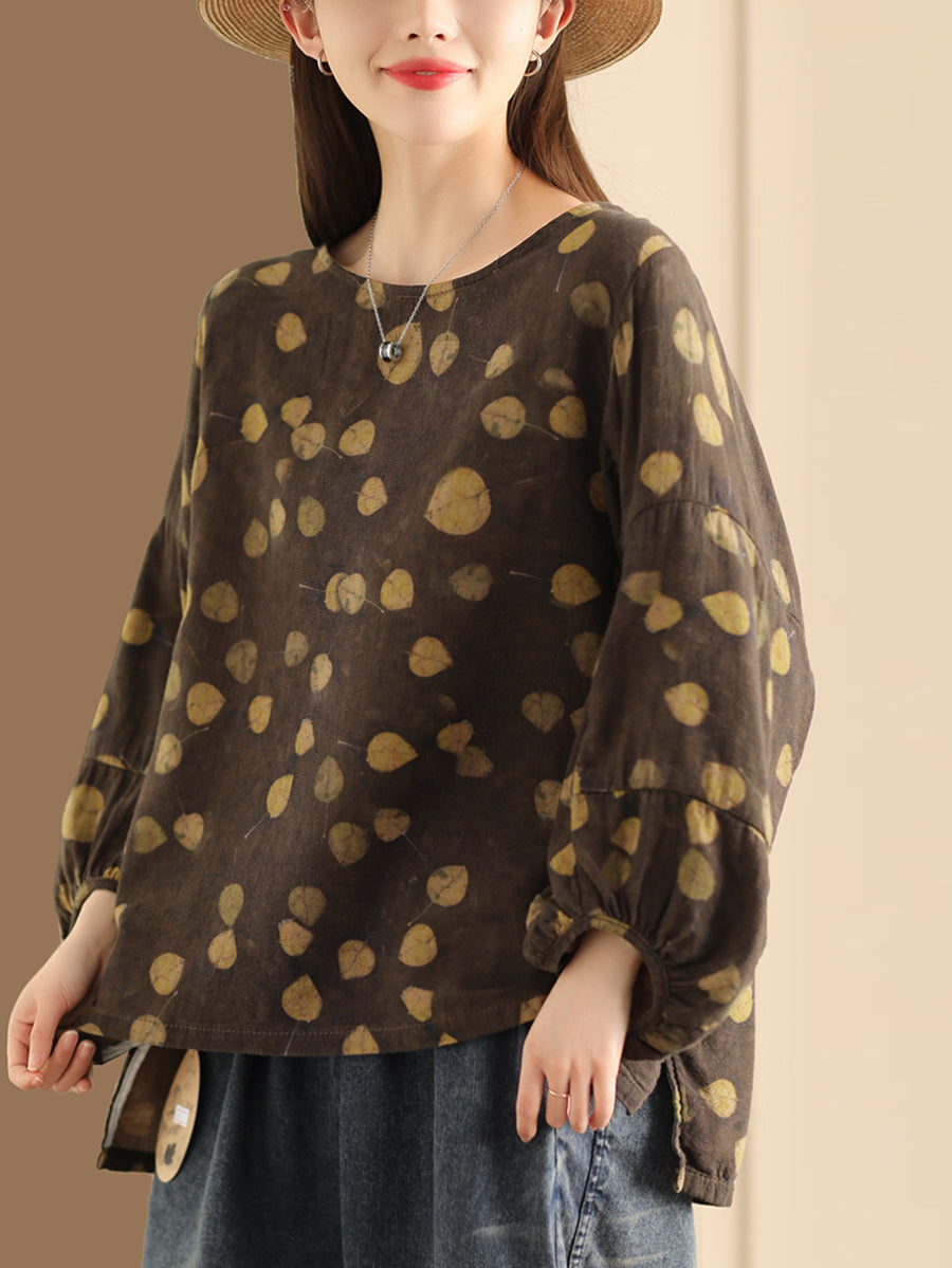 Women Vintage Floral Lantern Sleeve Cotton Shirt