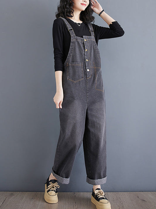 Women Spring Vintage Solid Asymmetrical Denim Jumpsuits