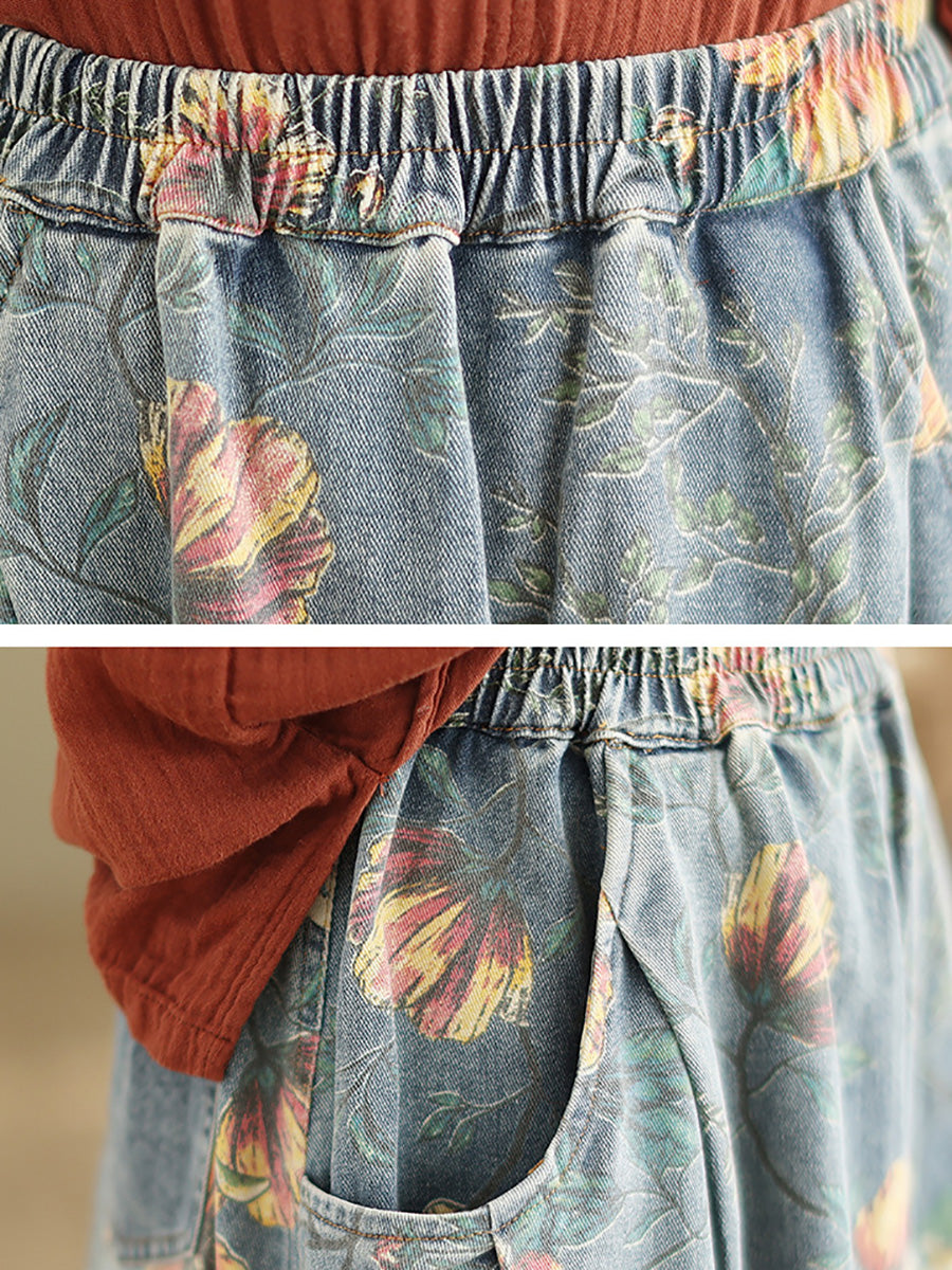 Women Artsy Flower Loose Summer Denim Skirt