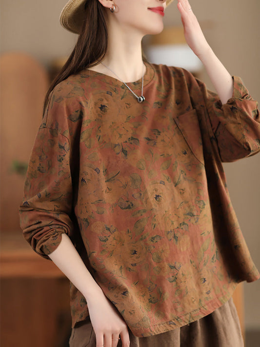 Women Spring Casual Flower Plaid O-Neck Cotton Shirt