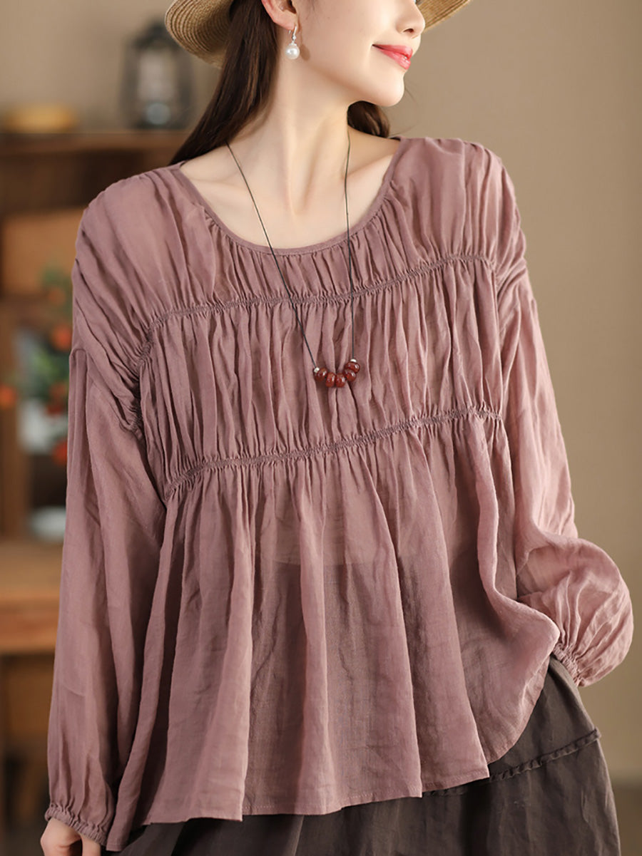 Women Artsy Spring Ramie Shirred Loose Shirt