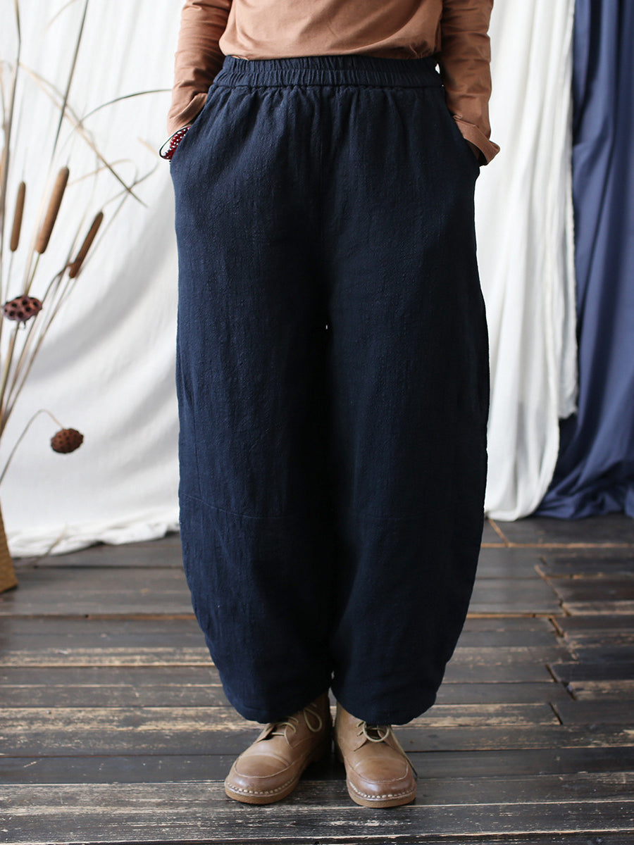 Women Vintage Winter Solid Ramie Padded Harem Pants