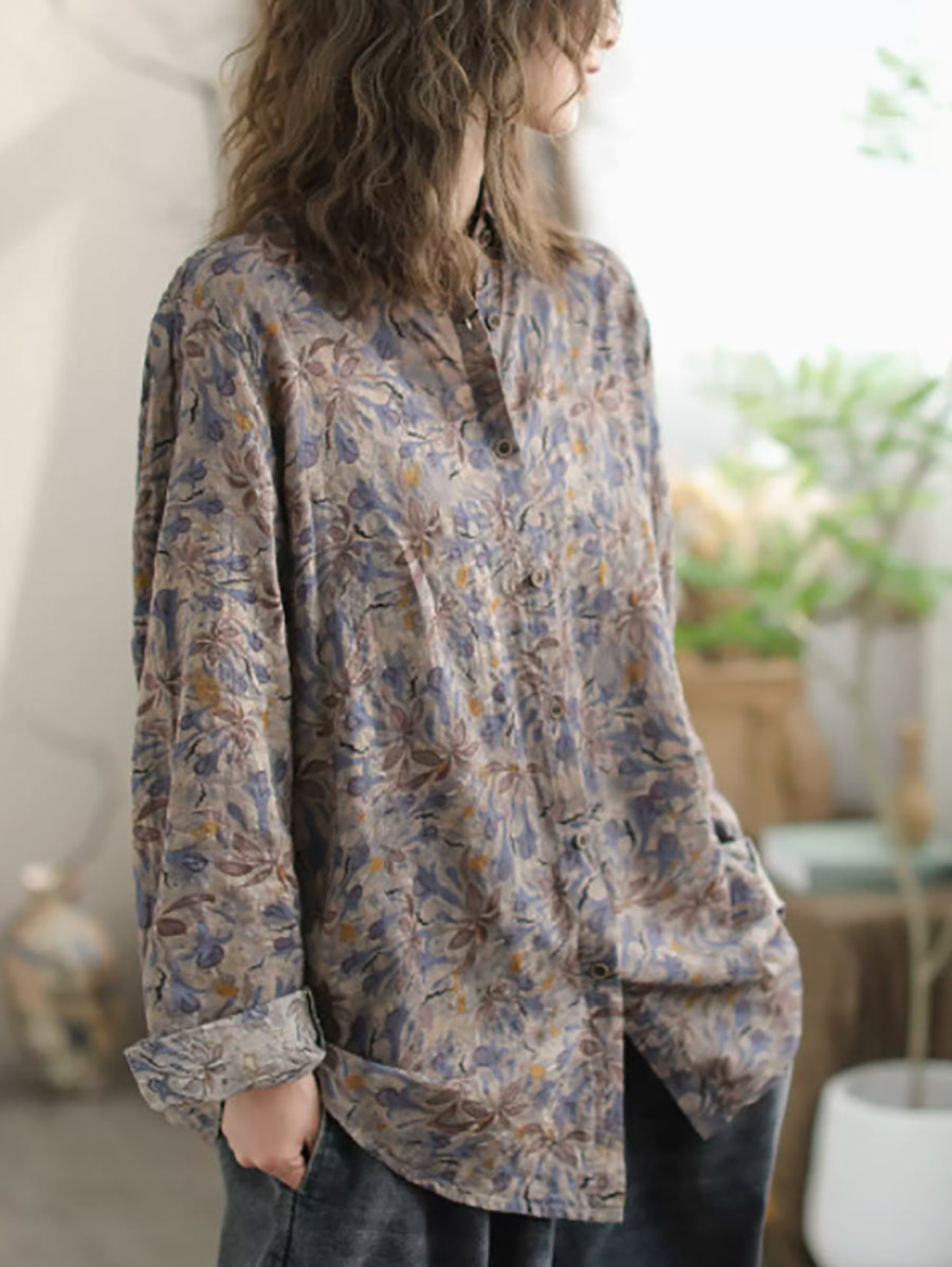 Women Vintage Floral Spring Cotton Loose Shirt