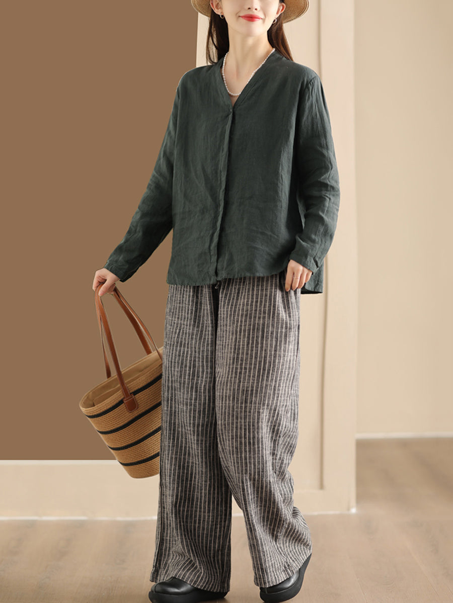 Women Vintage Stripe Linen Straight Leg Pants