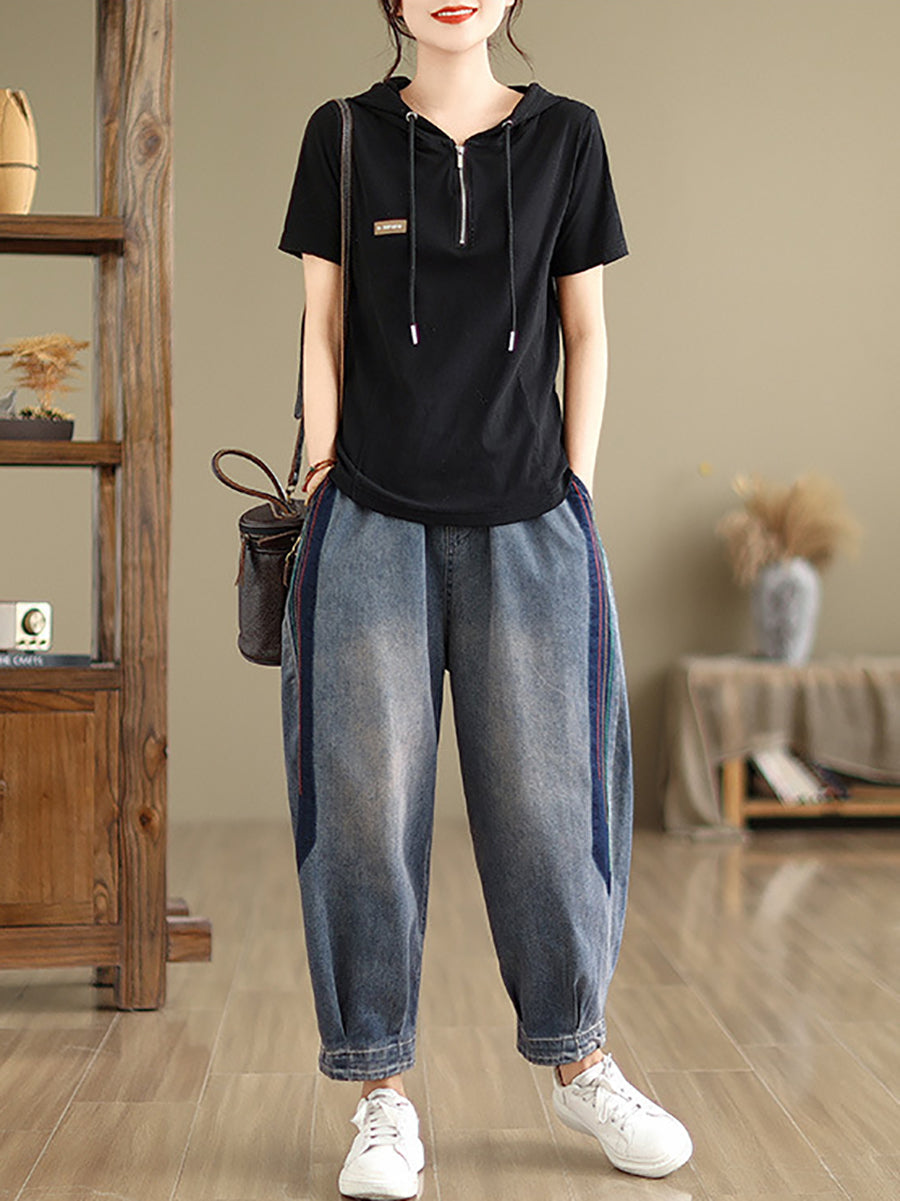 Women Casual Washed Stitching Denim Harem Pants