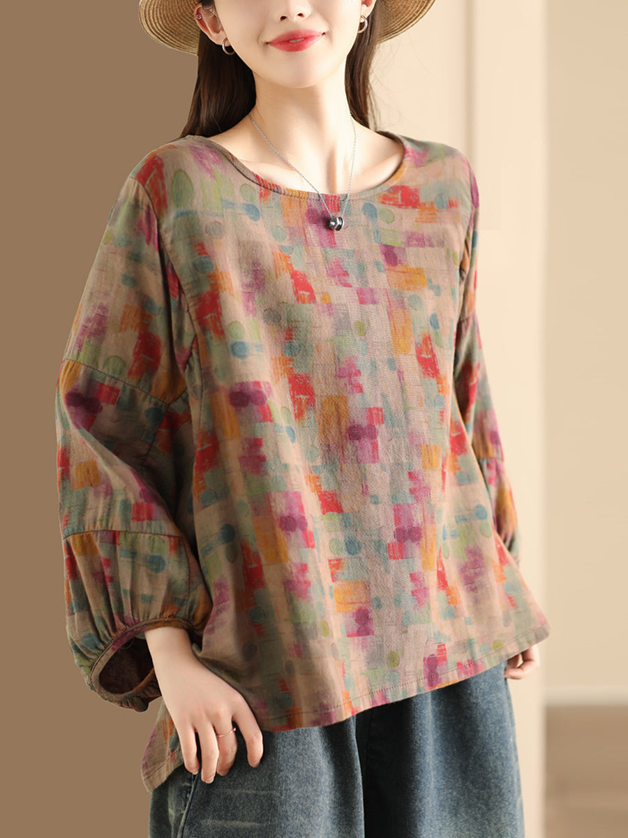 Women Vintage Floral Lantern Sleeve Cotton Shirt