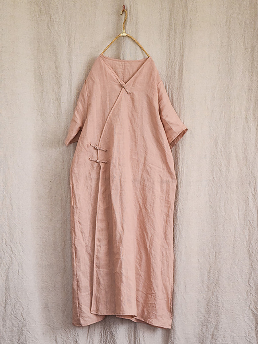 Women Summer Solid Button Thin Ramie Robe Dress