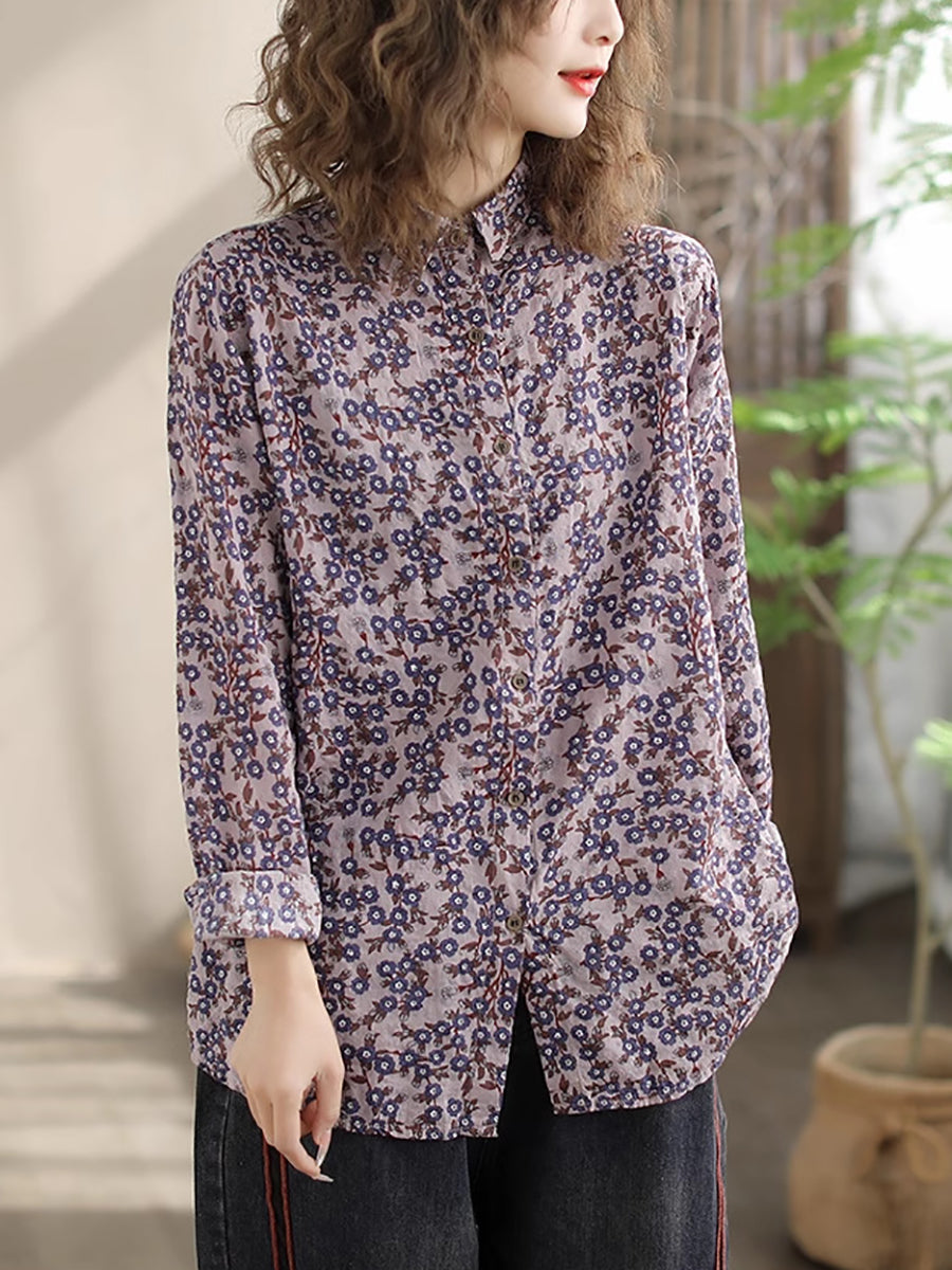 Women Vintage Floral Spring Cotton Loose Shirt