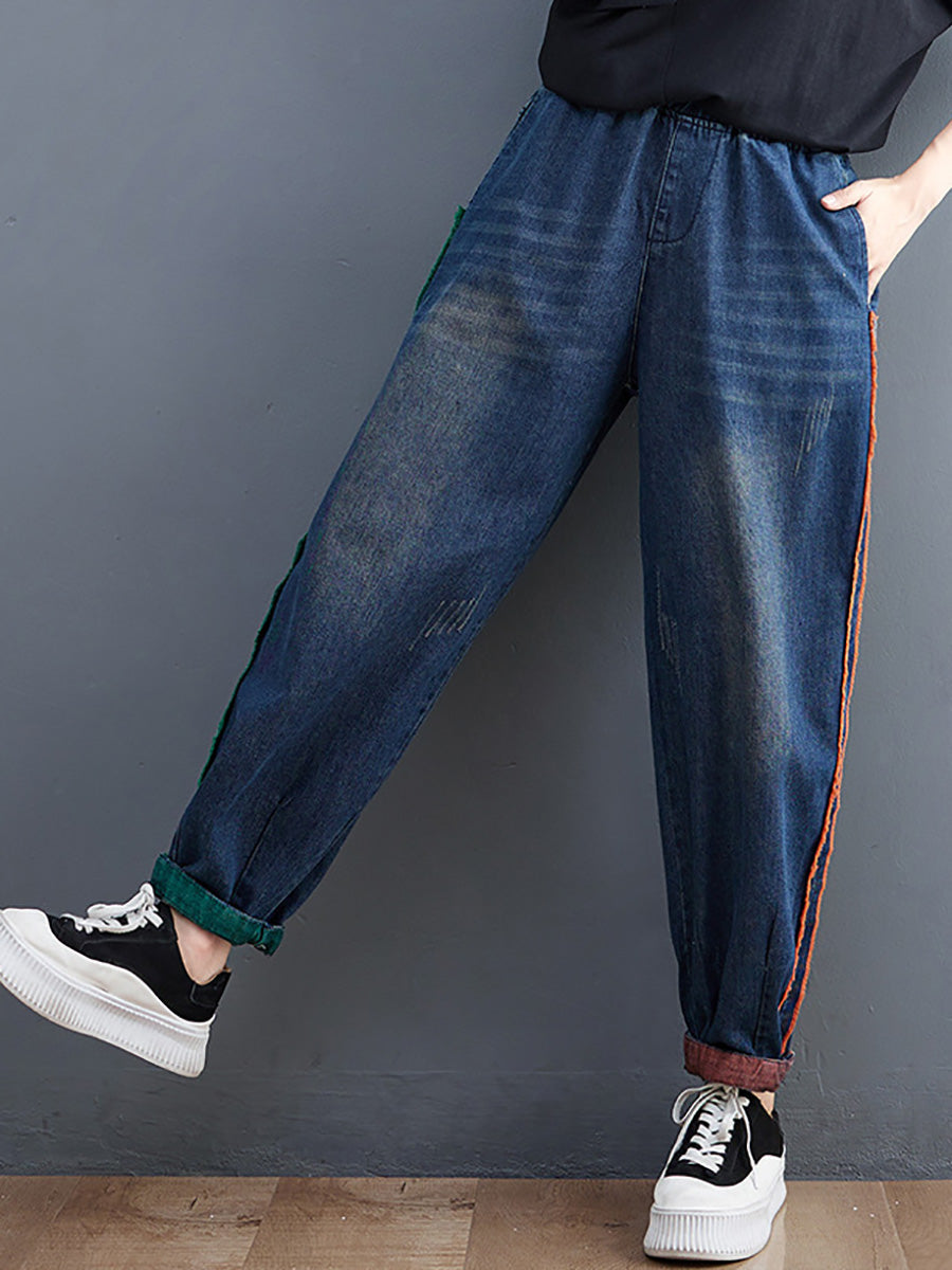 Women Casual Spring Colorblock Raw-edge Denim Pants