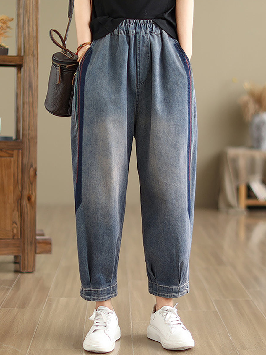 Women Casual Washed Stitching Denim Harem Pants