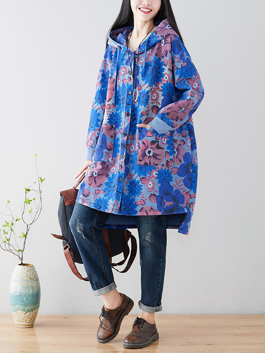 Women Casual Flower Spring Hooded Cotton Coat