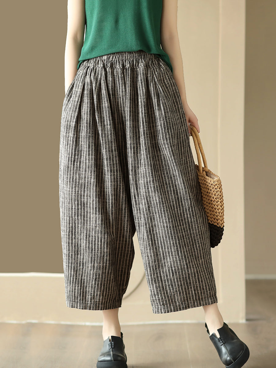 Women Summer Vintage Stripe Pocket Loose Linen Harem Pants