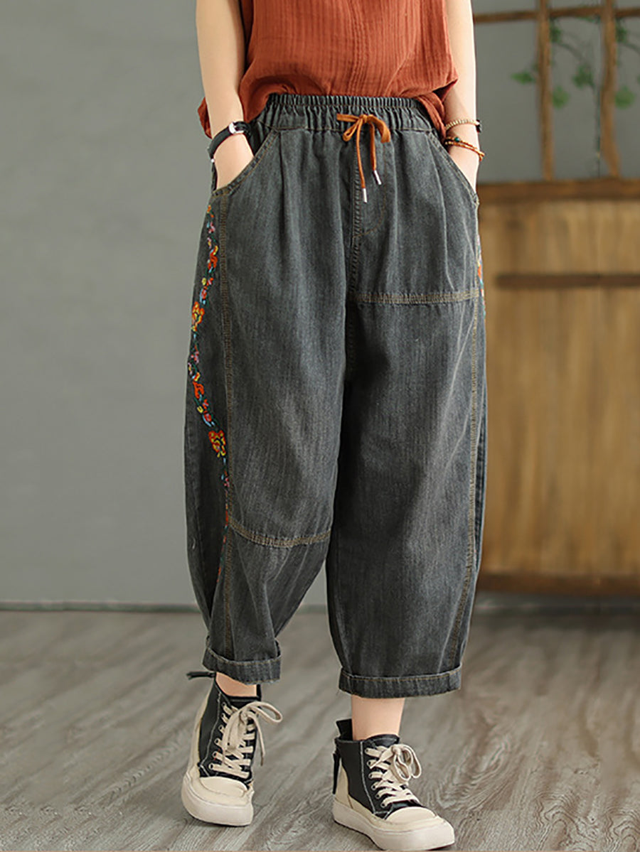 Women Retro Flower Embroidery Harem Jeans