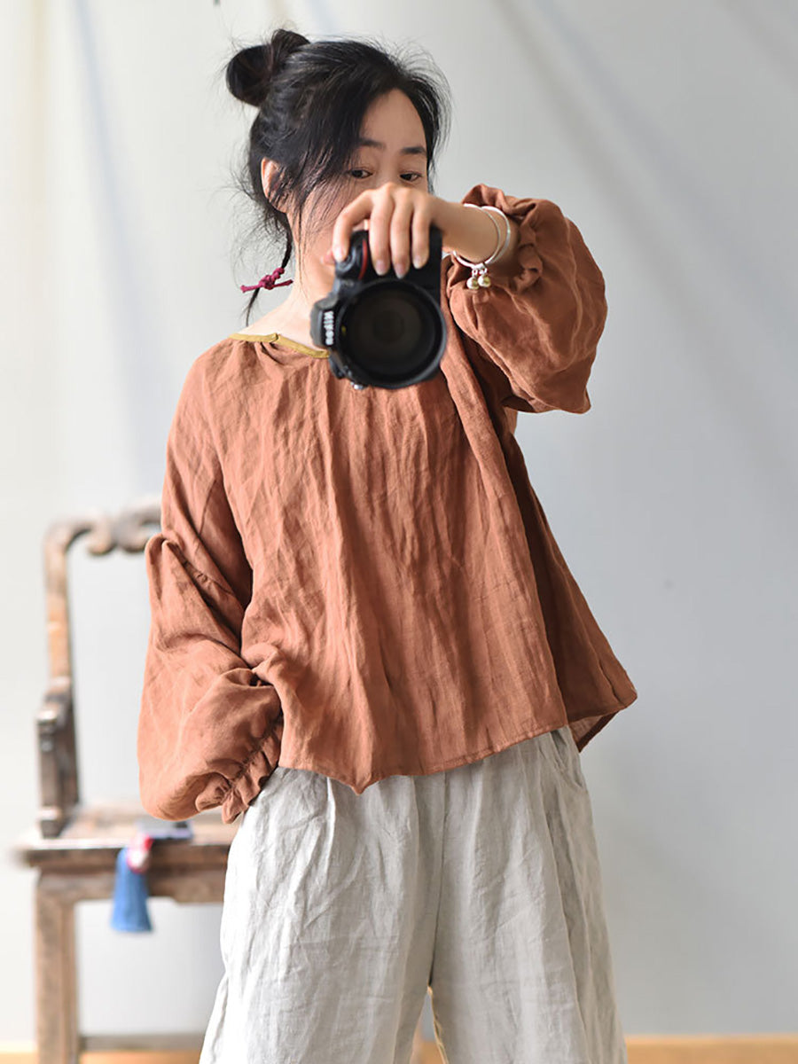 Women Spring Retro V-Neck Puff Sleeve Linen Shirt