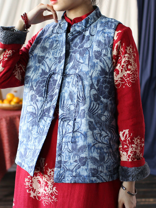 Women Vintage Flower Winter Ramie Padded Vest Coat