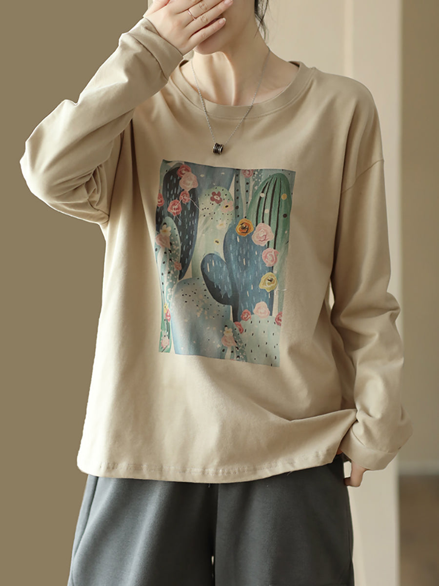 Women Casual Print Spring Long Sleeve Pullover Shirt