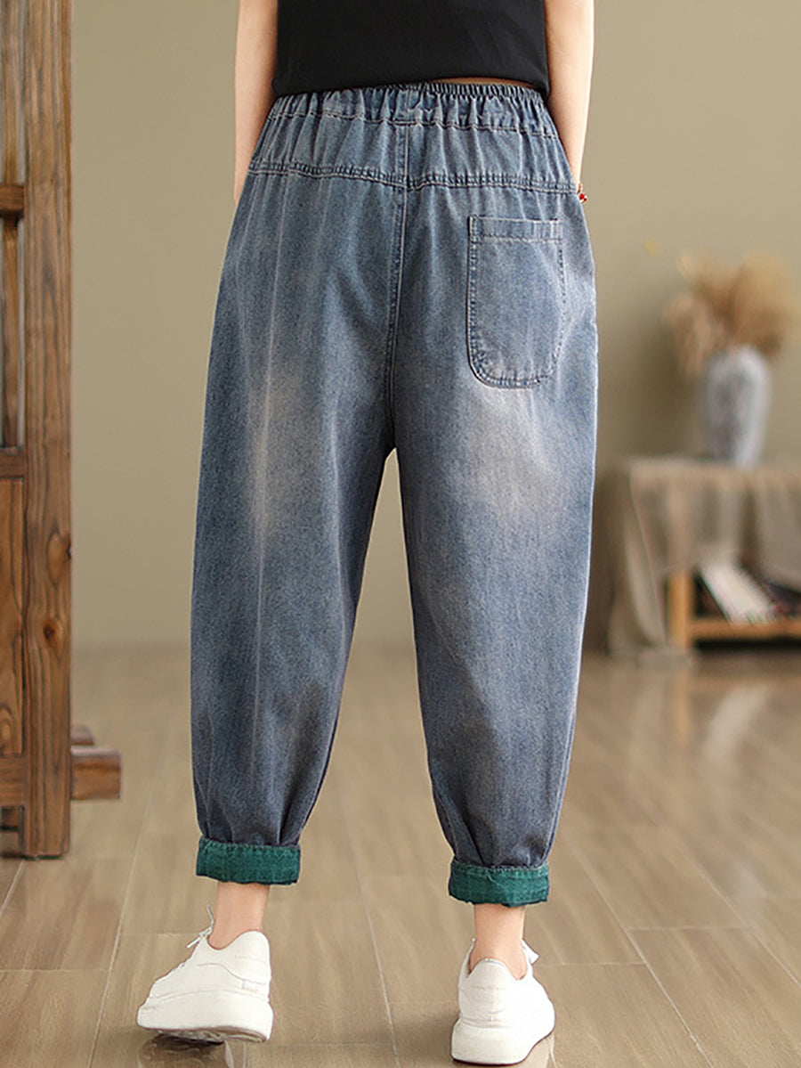 Women Casual Washed Stitching Denim Harem Pants