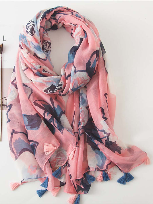 Floral Print Tassel Sunscreen Shawl Scarves