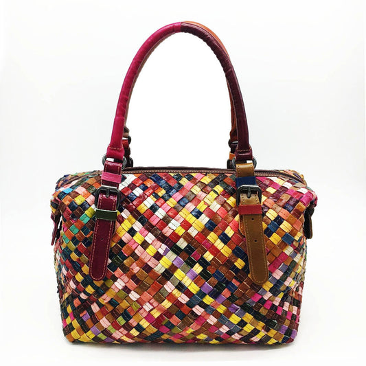 Women Retro Leather Multicolor Knitted Shoulder Bag