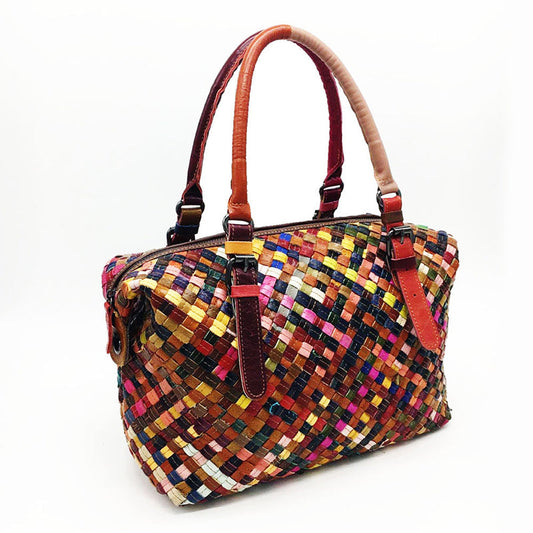 Women Retro Leather Multicolor Knitted Shoulder Bag