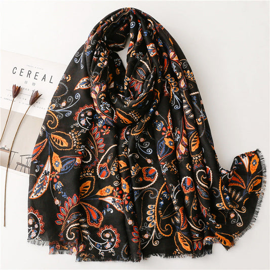 Women Ethnic Retro Plant Print Burrs Travel Shawl Scarf