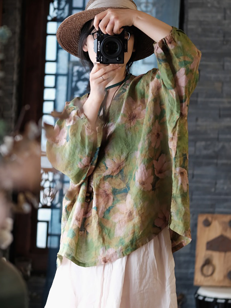 Women Vintage Flower Split Hem V-Neck Linen Shirt