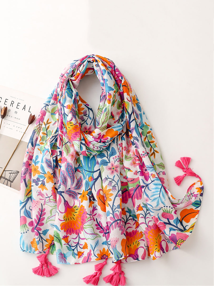 Summer Colorful Plant Print Tassel Travel Shawl Scarf