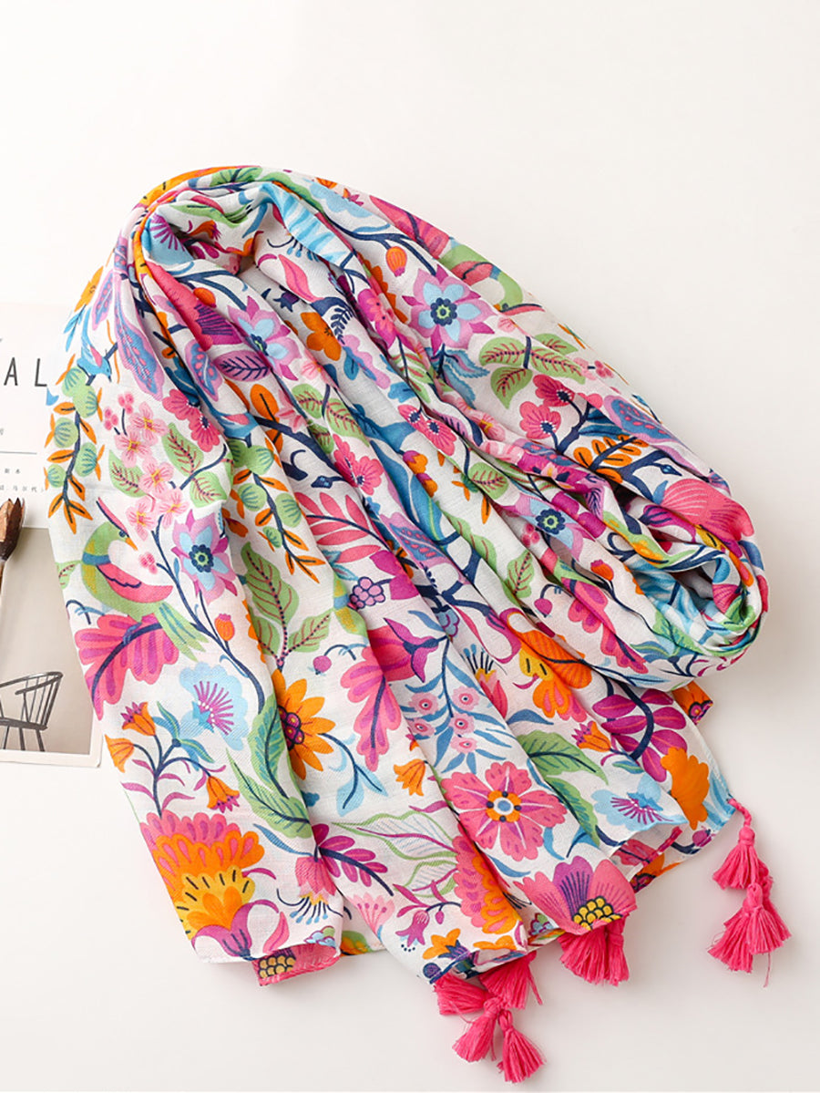 Summer Colorful Plant Print Tassel Travel Shawl Scarf