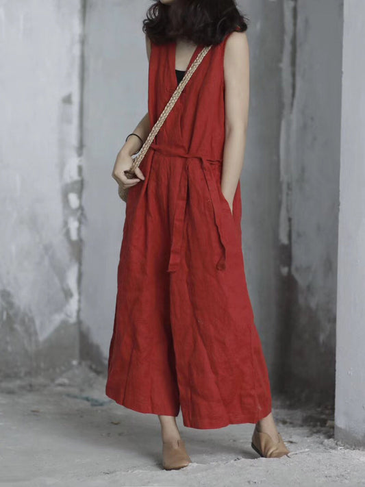 Women Summer Casual Solid Pocket Loose Linen Vest Jumpsuits