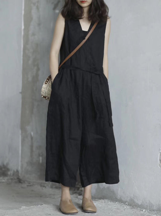 Women Summer Casual Solid Pocket Loose Linen Vest Jumpsuits