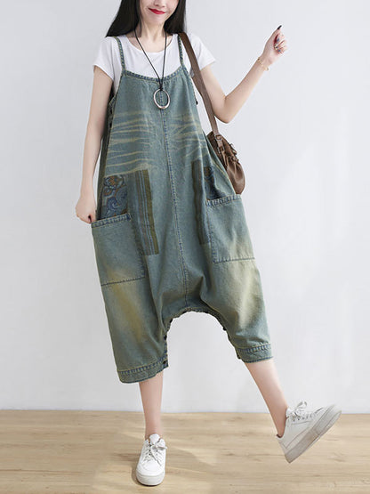 Women Retro Summer Low Crotch Pocket Loose Washed Denim Jumpsuits