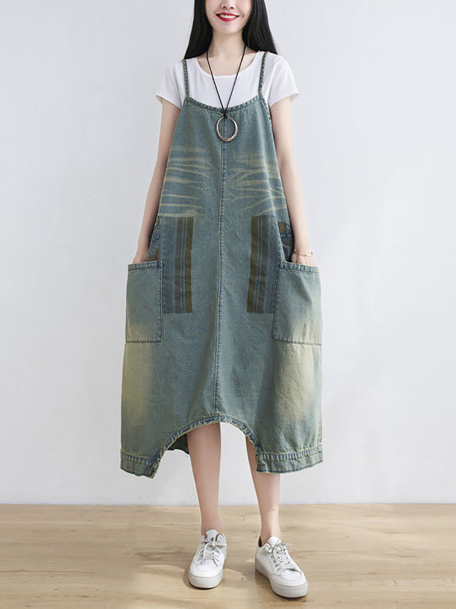 Women Retro Summer Low Crotch Pocket Loose Washed Denim Jumpsuits