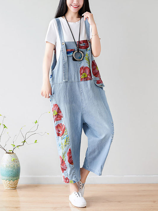 Women Summer Vintage Flower Irregular Print Denim Jumpsuits