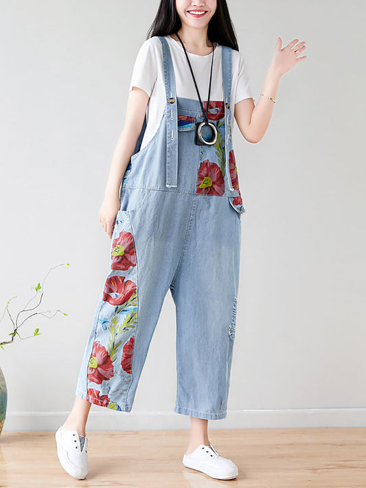 Women Summer Vintage Flower Irregular Print Denim Jumpsuits