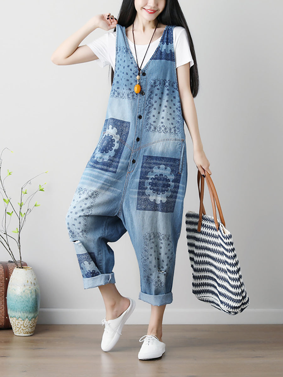 Women Summer Flower Print Button Loose Denim Jumpsuits