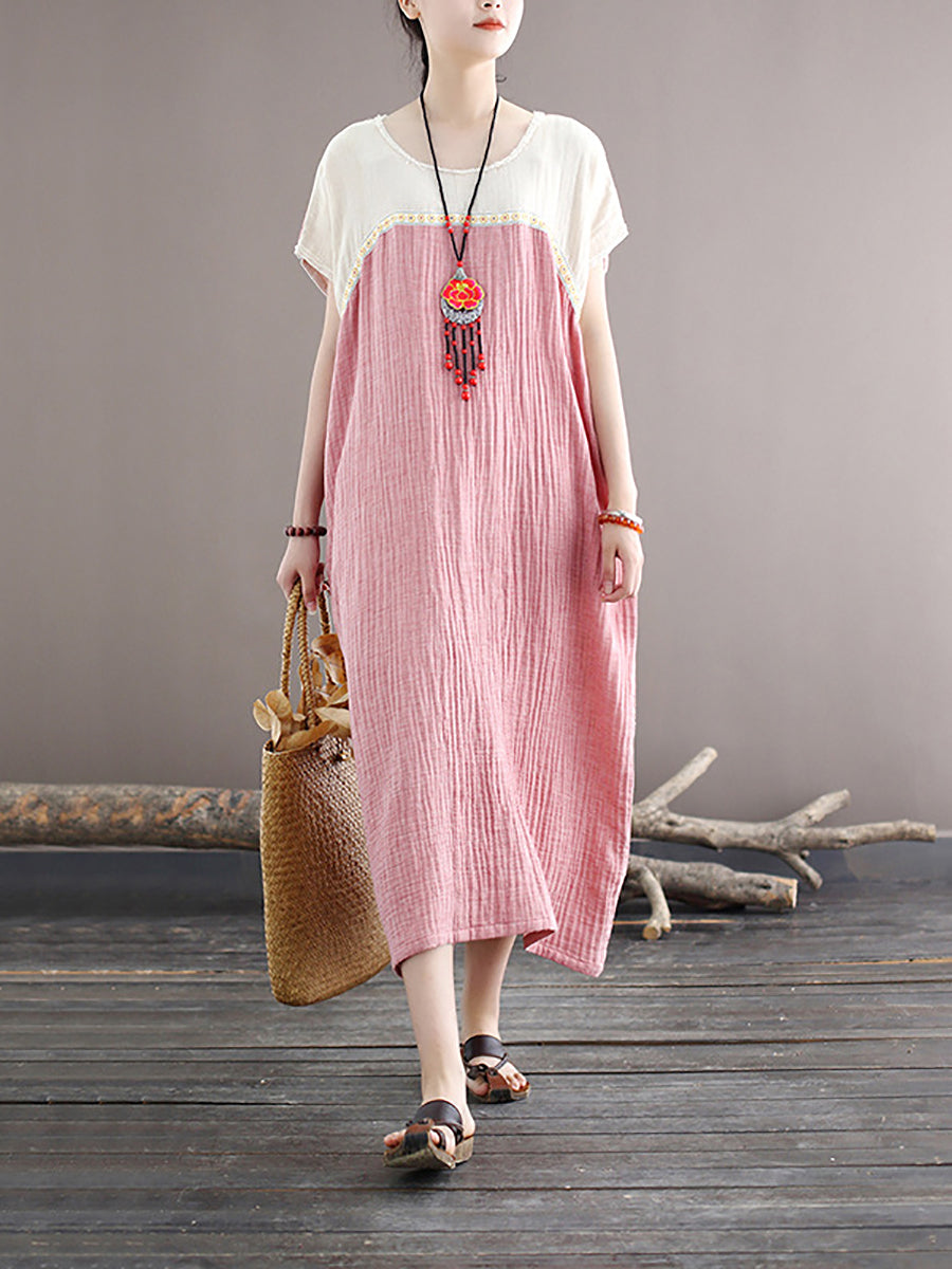 Women Casual Summer Pleat Spliced Loose Pullover Dress