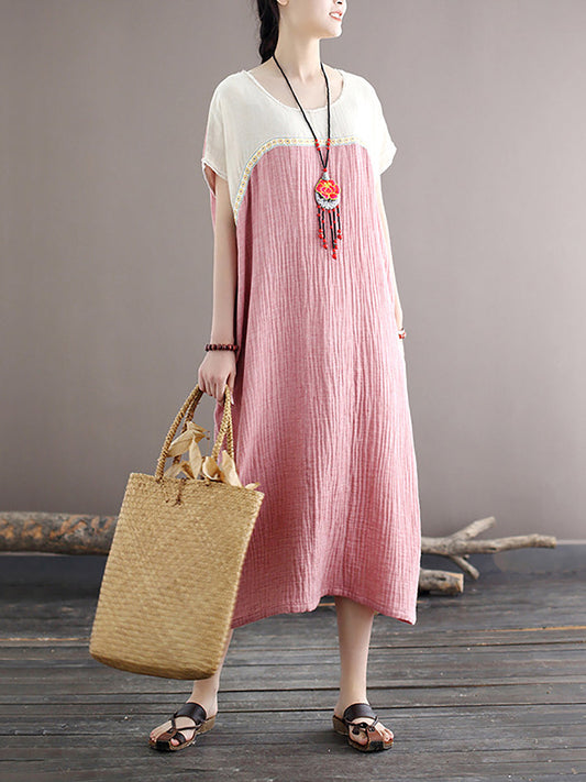 Women Casual Summer Pleat Spliced Loose Pullover Dress