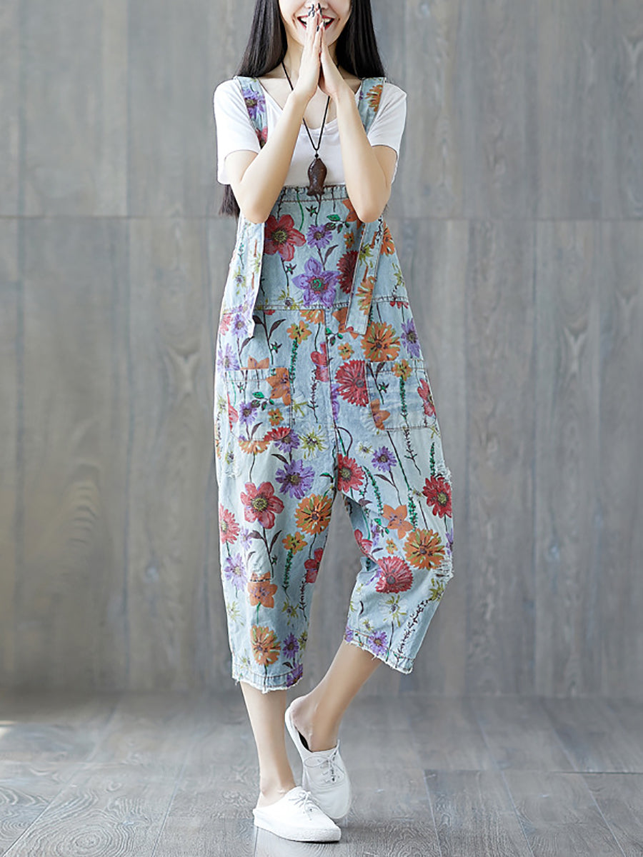 Women Summer Vintage Flower Pocket Button Denim Jumpsuits