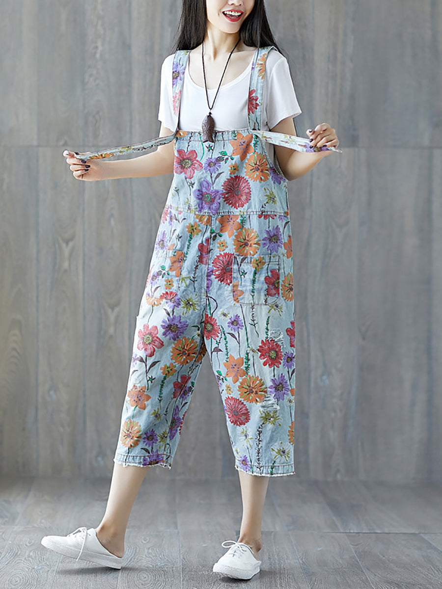 Women Summer Vintage Flower Pocket Button Denim Jumpsuits